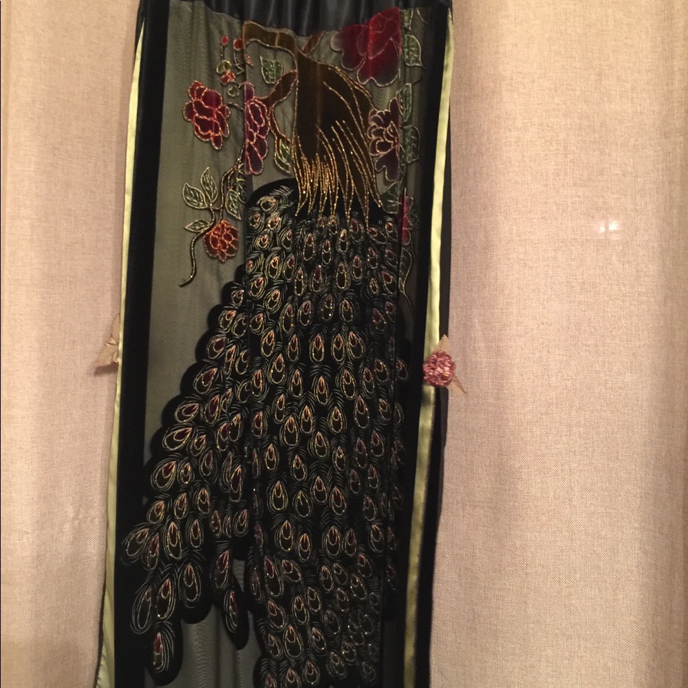 Long silk skirt w velvet embellished peacock